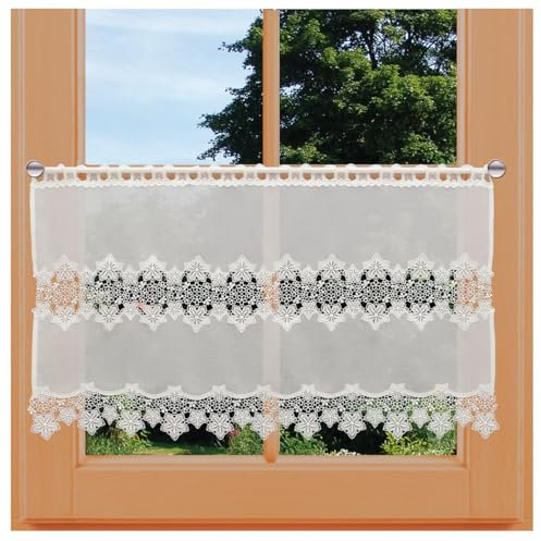 Feenhaus-Spitzengardine Jolanda Vogtländische Spitze in Natur | Landhaus-Scheibengardine mit Blumen-Muster | klassischer Scheibenhänger handgefertigt | Bistrogardine Höhe x Breite 50 x 67 cm
