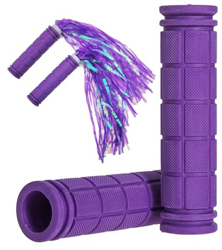 Non-Slip Bicycle Handlebar Grips with Tassel Streamers for Girls, Boys & Kids - Purple & Streamers, Compatible with Mountain Bike, Scooters, Road Bike, BMX, MTB