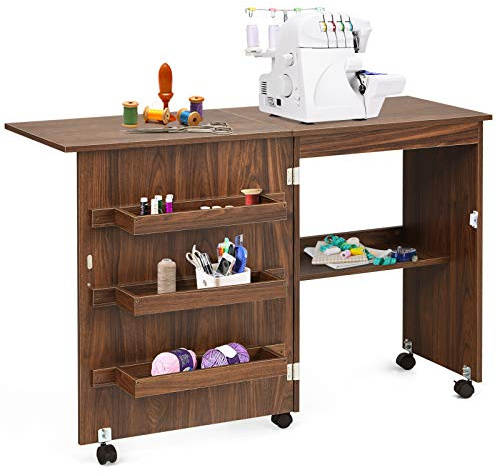 COSTWAY 2 in 1 Nähschrank & Schreibtisch klappbar, Nähtisch aus Holz mit 3 Einlegeböden für Spulen & feststellbare Rollen, Nähmaschinenschrank für Wohnzimmer, Schlafzimmer & Büro (Kaffee)
