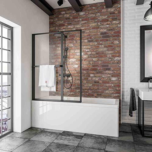 Schulte parete per vasca da bagno 109 x 140 cm, nero opaco, 2 ante (70+39) pieghevoli con portasciugamani, vetro girevole 180° contro la parete, vetro di sicurezza 3 mm trasparente, guarnizione