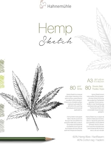 Hahnemühle Hemp Sketch, nachhaltiges Zeichenpapier, 80 g/m² schweres Hanfpapier, 80 Blätter, naturweiß, DIN A3