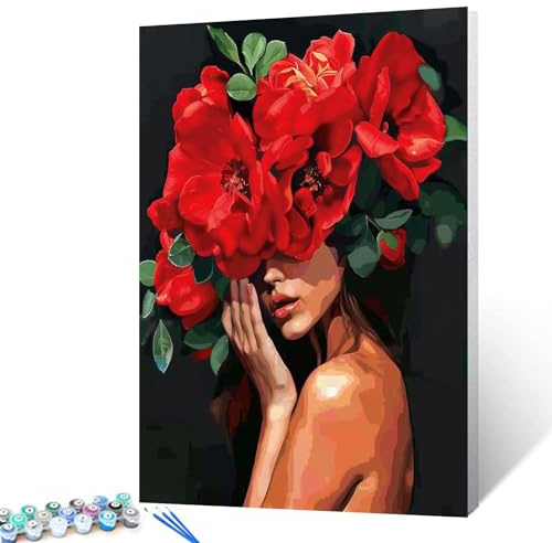 Tucocoo Frauen mit Blumen auf dem Kopf, Malen nach Zahlen für Erwachsene, Anfänger, weibliche Körperbemalung, rote Blume, Acryl-Ölgemälde-Set für Heimdekoration und Geschenk für Festivals, mit Rahmen
