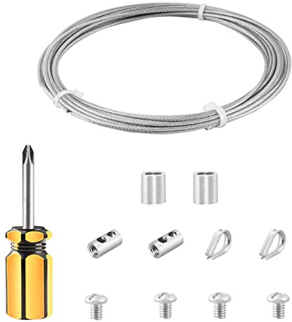 FSHIHINE 2mm Corde en Acier Inoxydable à Suspendre Kit, 6m Cable Acier Revêtu de PVC, Kit de Rouleau de Fil de Jardin avec Serre Câble, Manchon Cable, Clips pour Câble, Suspendre Kit pour Clôture