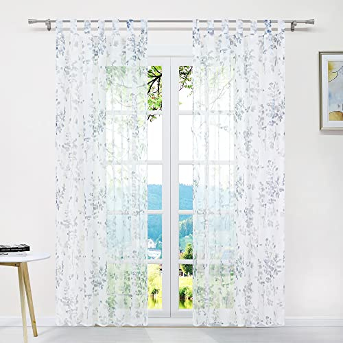 ESLIR Gardinen mit Schlaufen Vorhänge Gardinenschals Transparent Schlaufenschal Blätter Muster Voile Grau BxH 140x175cm 1 Stück