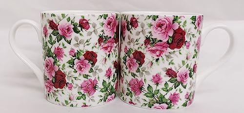 Rainbow Decors Juego de 2 tazas de porcelana fina de 265 ml, diseño de rosas inglesas decoradas a mano