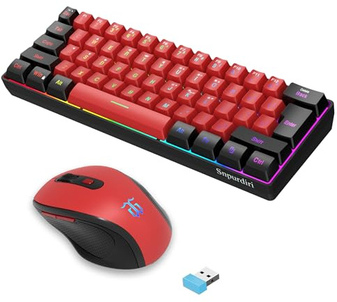 Snpurdiri 2.4G Wireless Gaming Keyboard and Mouse Combo, 60 Percent Wireless Keyboard and Ergonomic Vertical Feel Small Mouse (Black and Red)