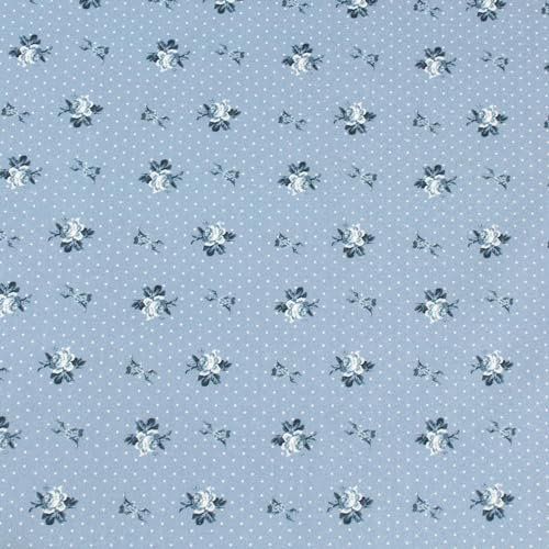 Baumwollstoff Meterware Rosen & Punkte – Stoff Blau mit kleinen Blumen, 100% Baumwolle Perkal, glatt & fest, für Trachten, Kleidung & Deko