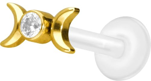 PIERCINGLINE PTFE Labret mit Innengewinde + Titan-Aufsatz 2 MONDE + KRISTALL Piercing Lippe Nase Ohr Helix Tragus Medusa Farb & Größenauswahl