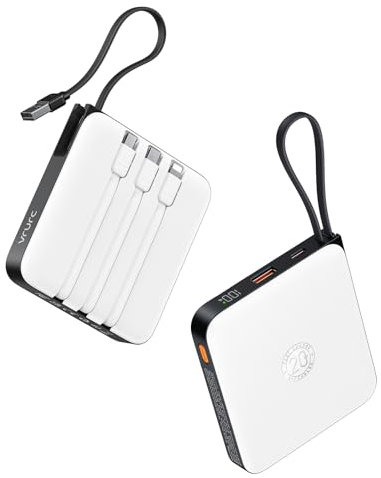 VRURC Batterie Externe 20000mAh avec 4 Câbles Intégrés Mini Power Bank USB C 22.5W Charge Rapide Batterie Portable avec Affichage LED pour iPhone Huawei Xiaomi (Blanc)