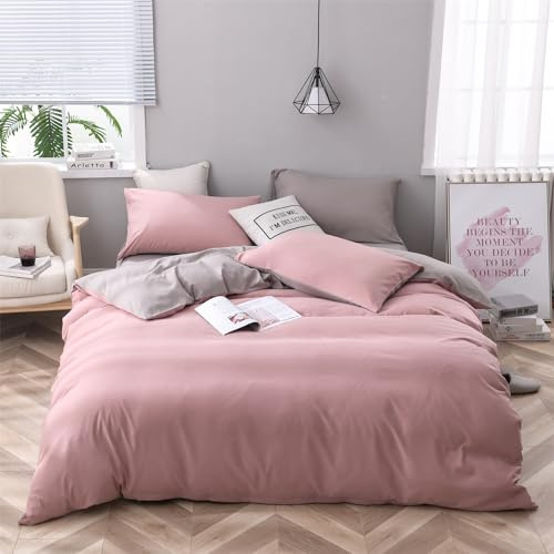 Sängkläder 135 x 200 cm 4 delar grå rosa bomull touch påslakanset mjukare och bekvämare sängkläder med 2 örngott 80 x 80 med dragkedja mjuk och strykfri
