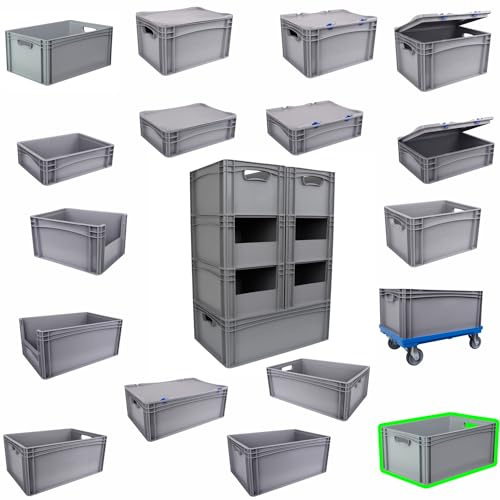 Hesselink Eurobox 60x40x27 cm, Handgriffe offen, stapelbar, 54,4 Liter, grau, lebensmittelecht, Eurobehälter kombinierbar mit Deckel