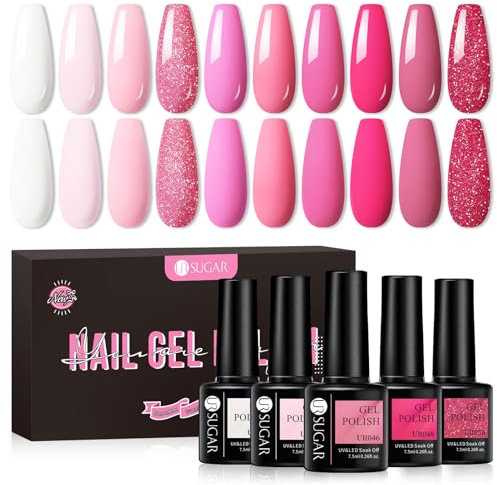 UR SUGAR Pink Gel Nail Polish,10 Colors Valentine's White Pink Rose Light Pink Baby Pink Purple Pink shimmery Glitter Nail Varnish Set DIY Salon Nail Manicure Gift for Woman