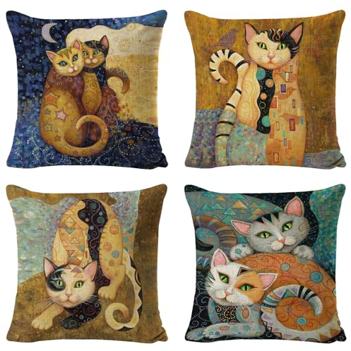 Umimiss 4 x Kissenbezüge mit Tiermotiven, Katzengeschenke für Frauen, Katzenkissen, Katzenmotiv, Raumdekoration, Katzendruck, Baumwolle und Leinen, Sitzkissen für Wohnzimmer, Sofa, Couch, Bett,