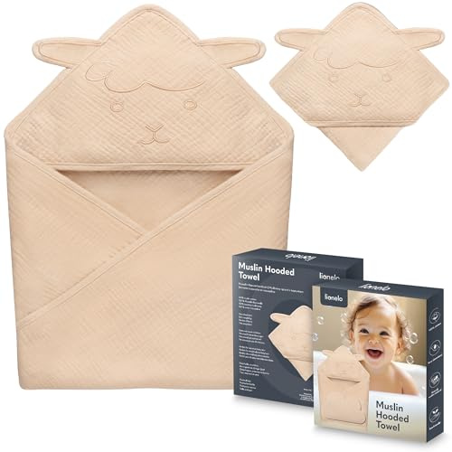Lionelo Muslin Hooded Towel Huvhandduk Baby 80x80 cm – 100% Bomullsmuslin, Mjuk & Lätt, Absorberande, Andas, Skonsam för Nyfödda, Badhandduk med Huva med Broderat Djur, Tvättbar 30°C – Beige