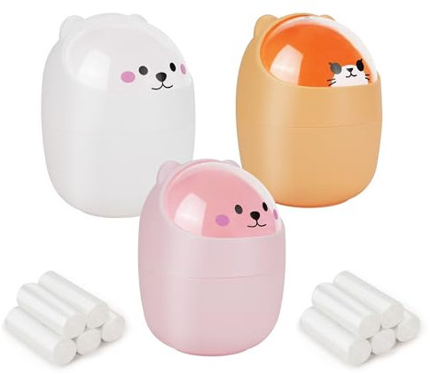 MOAMUN 3 Mini Tischmülleimer mit Deckel Mini Mülleimer Klein und 200 Müllsäcke, Niedlich Winziger Kleiner Mülleimer Tischabfalleimer Tisch Mülleimer für Küche Schlafzimmer Ankleidetisch Bür