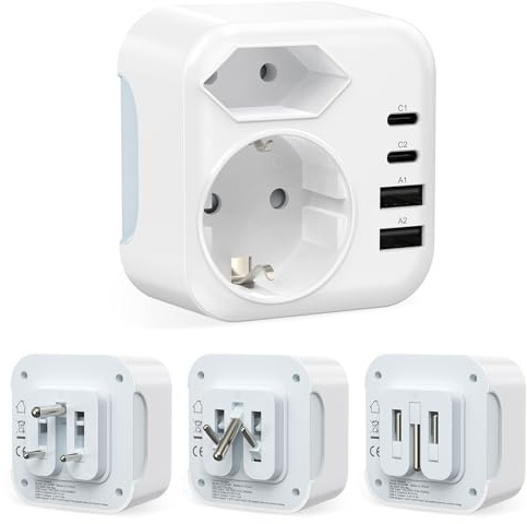 HITRENDS Klappbarer Reiseadapter IN Netzadapter Indien Deutschland Stecker, Adapter Typ D, Reisestecker mit 2 USB-C 2 USB-A Anschlüße, Adapter für Indien, Nepal, Bangladesch, Pakistan Steckdosen