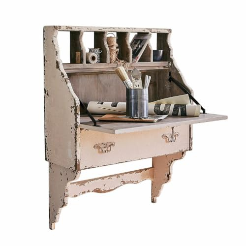 Loberon Wandsekretär Sandrine, antikbeige | Trendiger Shabby-Chic, Handgefertigt, mit Großer Schublade, Platzsparend, viel Stauraum, Schreibtisch, Tannenholz