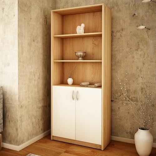 Home Collective Bücherregal mit 5 Ebenen 2 Türen Mehrzweckschrank Haushaltsschrank in mattem Finish Aktenschrank Regal 74cm breit Standregal 4 Einlegeböden für Schlafzimmer Wohnzimmer Flur sonoma weiß
