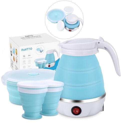 PAHTTO Hervidor eléctrico de agua de 600 ml con taza y cuenco, hervidor portátil, hervidor de viaje, función de ebullición rápida, sin BPA, 220 V, 600 W, para acampadas, viajes, oficina, hotel