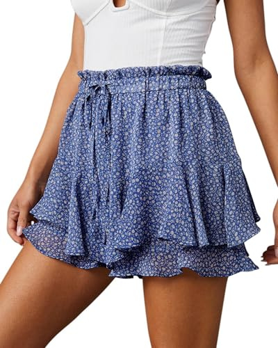 Oyamiki Skirt with Shorts Underneath Boho Tiered Skirts Floral Print Skorts Comfortable Tie Front Ruffle Holiday Clothes for Women UK Blue S