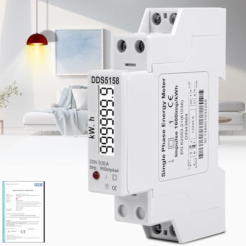 Warmfay LCD Digitaler Wechselstromzähler 230V, 1-Phasen Stromzähler Wattmeter mit Leistungsanzeige 5(32) A und S0-Impulsausgang, DIN-Schienen-Stromzähler für Leistungsmesssystemen Eingesetzt