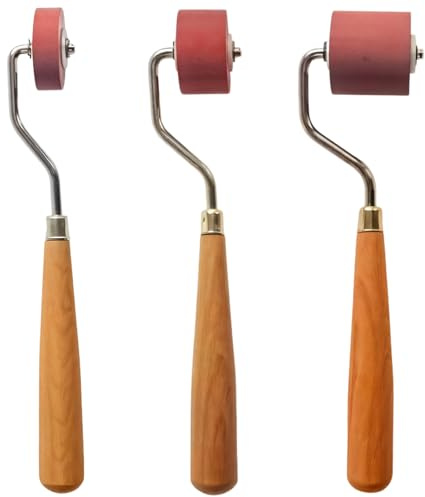 Drei Gummi-Brayer-Walzen-Set, Tintenrollen für Druckherstellung (1 cm, 2 cm, 3 cm Breite) mit Holzgriffen – Professionelle Werkzeuge für Linolschnitt, Blockdruck, Kunstprojekte