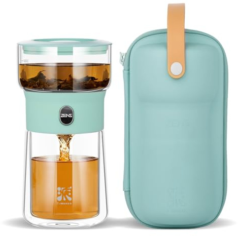 ZENS Modern Glass Infuser Teapot, Small One Touch Tea Maker for Loose Tea Diffusers with 200ml Insulated Cup and Blue Portable Carry Case, Magic Gongfu Tea Pot for Tea Lovers Gifts | Glass Magic Teapot, Portable Tea Infuser with 6.7oz Insulated Mug and Case, Fancy Tea Diffusers for Tea Lovers