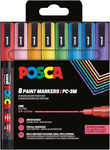 POSCA - Acrylmarker Set PC-3M 8 Glitterfarben | Marker mit 0,9-1,3 mm Rundspitze für nahezu alle Oberflächen