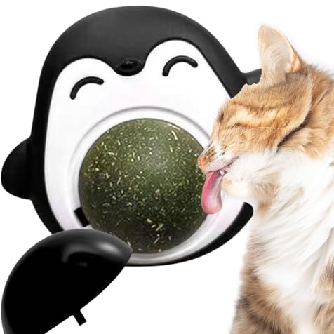 Nixiara Rollkugel für Katzenminze, Leckbälle aus Katzenminze für Katzen, rotierendes Spielzeug für Kätzchen, Pinguin-Kugel aus Gras, Grasgras