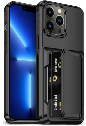 Aolcev for iPhone 13 Pro Case with Card Holder [Max 4 Cards] Heavy Duty Protective Shockproof Dual Layer Hard PC Soft TPU Bumper Hidden Card Slot Wallet Case Cover for iPhone 13 Pro Phone Case-Black