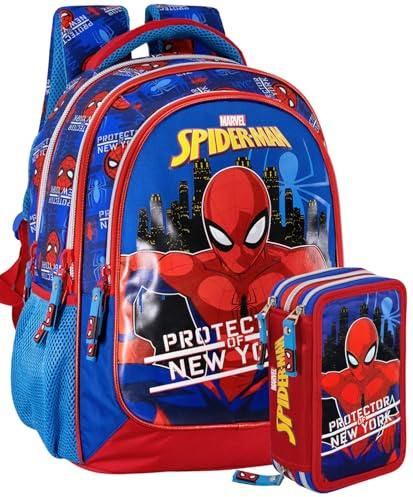 Clondo Schoolpack Zaino con Astuccio 3 Scomparti, Scuola e Tempo Libero, Bambini e Ragazzi, Multizip, Pennarelli, Pastelli, Accessori, Bambino, Bambina (Spiderman Clondo)