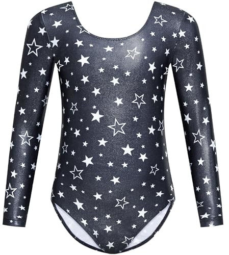Gogokids Ensemble de gymnastique 2 pièces imprimé pour fille, justaucorps à manches longues et col en U et élastique à cheveux, parfait pour la gymnastique, la danse et le yoga, pour enfants de 3 à 12