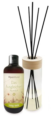 AlpenXund ZirbenDiffuserl Set 600 ml + Ausgleicherl 250 ml I Natürliche Raumbeduftung I Raumduft Nachfüllung ätherisch I Diffuser Holz Design I Duftöl 100% naturrein I Ideal für jeden Raum