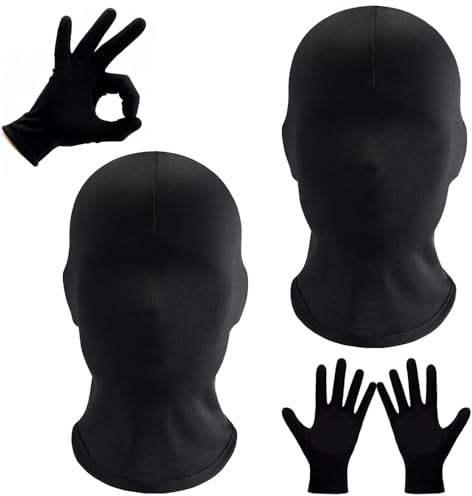 GDLOKFU 4 Stück Vollgesichtsmaske Halloween Schwarz, Spandex Kopfmaske Gesichtslose Maske mit Schwarzen Handschuhen, Unisex Vollkopfmaske für Halloween Party Kostüm und Cosplay