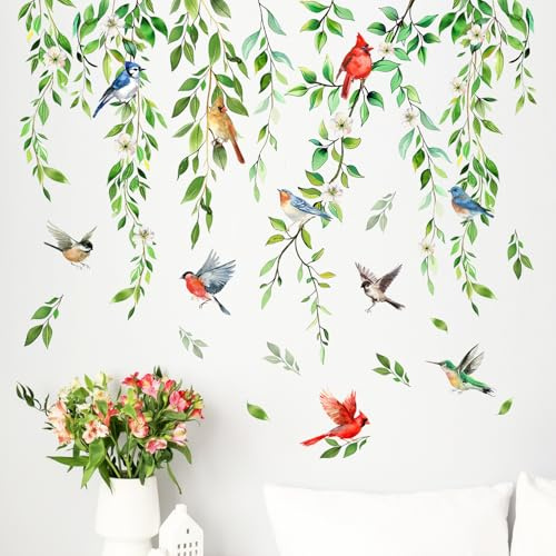 Mfault Hanging Vine Birds Wall Decals Stickers, Botanical Green Leaves