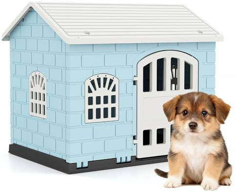 GYMAX Caseta para Perros al Aire Libre, Casa de Plástico para Perros, Refugio para Cachorros con 3 Ventanas y Puerta con Cerradura, Techo Inclinado, para Interior, Exterior, Hogar (Azul)