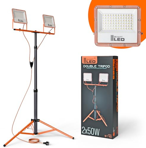 SmartLED Baustrahler Arbeitsstrahler mit Stativ 2x50W, LED Strahler 2x5500 Lumen, Orange, 1,60 m Einstellbar Teleskopisch, 360° Grad Drehung, 180 cm Kabel, IP65 (2x 50W 11000lm)