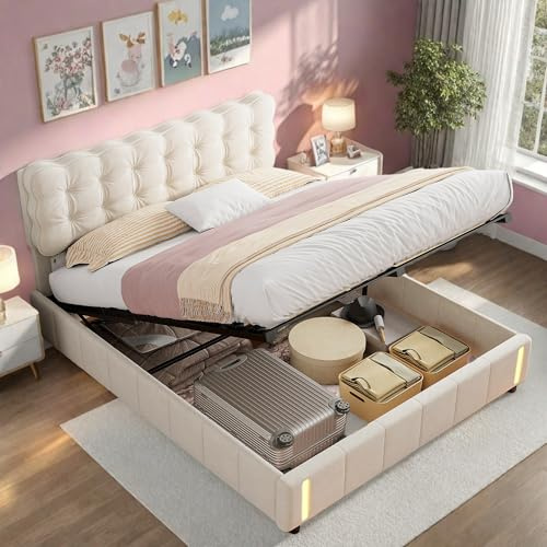 OLIVIBED Polsterbett 140x200 cm, Hydraulisch Stauraumbett mit Lattenrost und Bettkasten, Doppelbett mit Gepolstertem Kopfteil, Jugendbett für Erwachsene, Ohne Matratze, Samt, Beige
