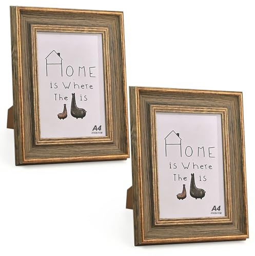 2er Set Vintage Bilderrahmen A4, 21 x 29.7 cm Holzrahmen, Retro Fotorahmen für Tisch & Wand, Antike Shabby Fotorahmen Deko für Family Freund Hochzeit Weihnachten Thanksgiving Geburtstage(Holzfarbe)