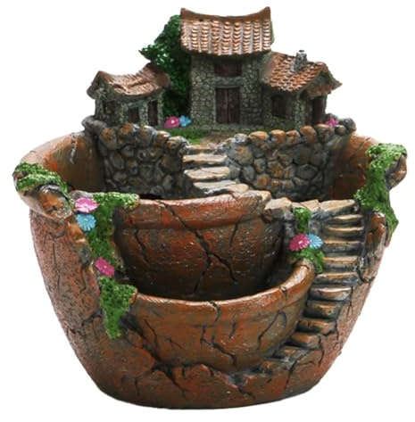 Homeponnew Pot de fleurs en résine avec motif maison fantaisiste - 17,5 x 17 x 16 cm - Triple compartiment - Pour plantes grasses et cactus - Décoration intérieure et extérieure (orange)