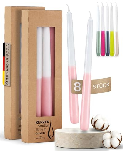 Dip Dye Spitzkerzen, Höhe 25cm, Ø 2,3cm - Deutsche Qualität, bunte Stabkerzen mit 8+ Stunden Brenndauer, Leuchterkerzen ohne Tropfen & Rußen - RAL-Zertifiziert (Pink) (8, Rosa)
