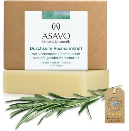 ASAVO Premium Natural Soap Rosemary Handmade with Fine Organic Karite Butter, Virgin Organic Coconut Oil & 100% Essential Oils, Vegan, Clean Beauty Product, 95 g