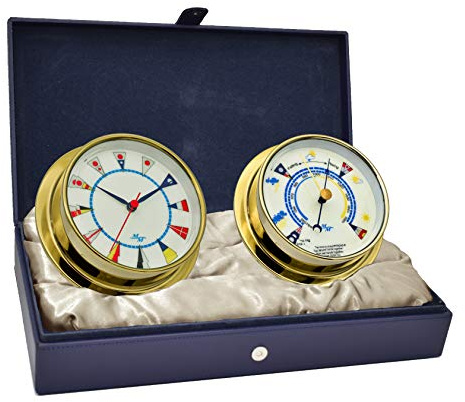 MASTER-MARINER American Voyager Collection, Nautical Cabin Gift Set, 5.75” Diameter Clock and Barometer Instruments, Gold Finish, Ivory Signal Flag dial