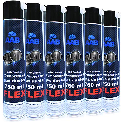 6 x AAB Compressed Gas Duster FLEX 750 ml - Luftdammare med Flexibelt Rör för Dator, Tangentbord, Luftkompressor, Tryckluft för PC, Tangentbordsrensare, Aerosol, Burk Datorrengöringssats