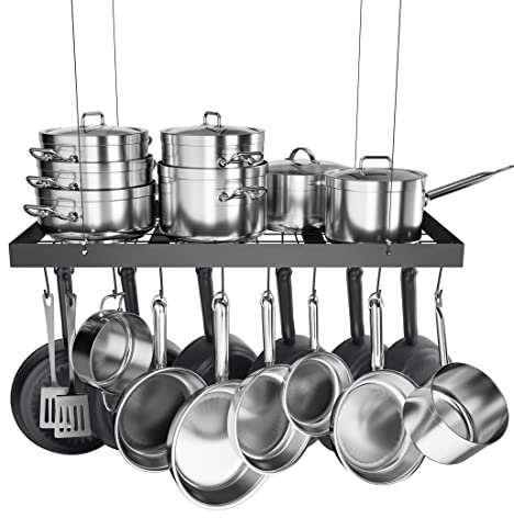 KES Küchenregal Hängend Pfannenhalter Küchen Hängeregal Pfanne Küchenutensilienhalter Töpfe Topfhalter Pfannenregal 75cm Metall Matt Schwarz, KUR219S75-BK