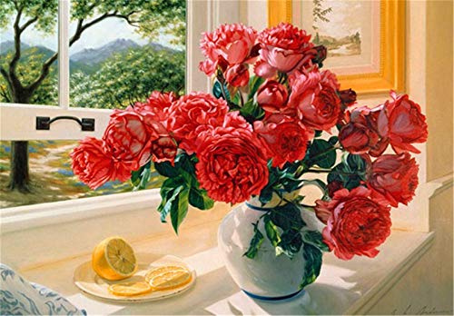 YEESAM ART DIY Ölgemälde Malen nach Zahlen Erwachsene Kinder, Schöne Blühende Rote Blumen Zahlenmalerei ab 5 Öl Wandkunst (Rote, mit Rahmen)