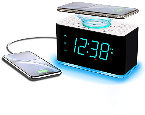 Emerson ER100401 Smartset 15Watt Ultra Fast Wireless Charging Dual Alarm Clock Radio with Bluetooth Speaker, USB Charger, Cyan LED Night Light and 1.4 Display