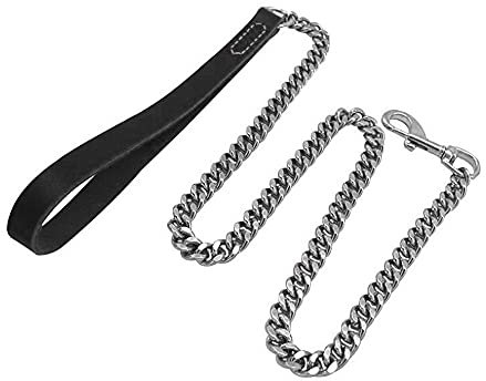 ZESLIV Hunde Kettenleine mit Gepolstertem Leder Griff Hunde Übungsleinen aus Edelstahl Hundeleine für Mittlere und Große Hunde Joggingleine Welpenleine Schleppleine Hundekette 4mm*80cm