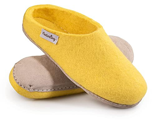 naturling Damen Hausschuhe - bequeme Filz Pantoffeln - echte Ledersohle Gelb 38 (Gelb, 38 EU, numeric_38)