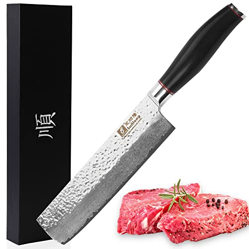 Sunlong 6,5 tums Nakiri-kniv, superskarp skalkniv, japansk damaskstål kockkniv, naturligt ebenholtshandtag, kockkniv